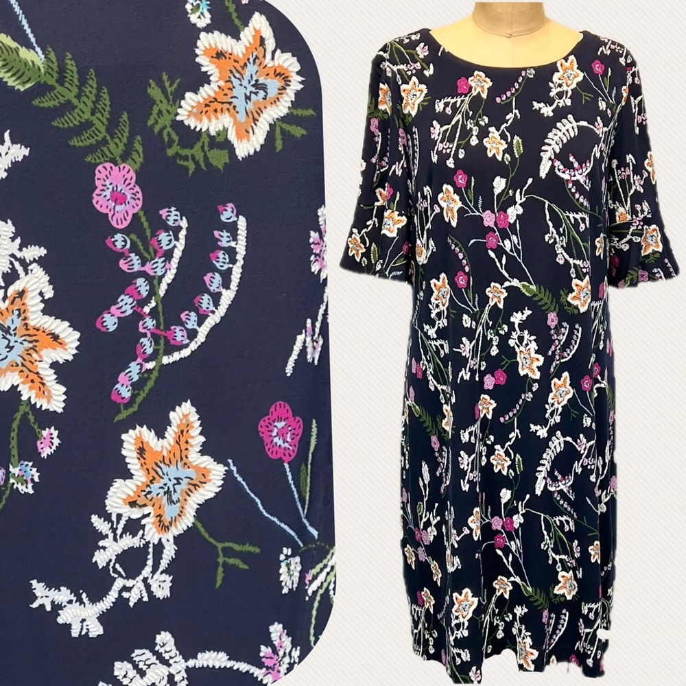 woodland botanical moody floral dress stretchy midi shift ruffle sleeve flowers